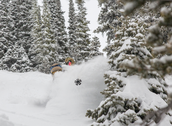 Simon Peterson shot of skier in pow wearing Halftime Beanie