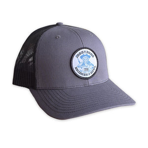 Gray trucker cap with a logo on a white background