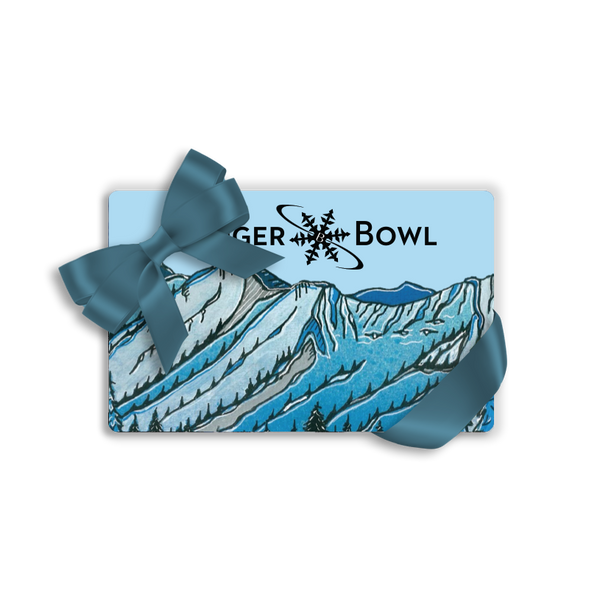 A gift card for Burger Bowl featuring a blue illustrated mountain scene with a large blue bow on top, shown on a white background.