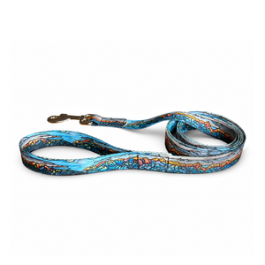 A dog leash with a vibrant, multicolored mosaic tile pattern in shades of blue, orange, yellow, and white, featuring a brass-colored metal snap hook on a plain white background.