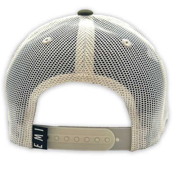 Mesh back cap with beige brim and white mesh on a white background