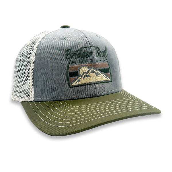 Gray and green cap with 'Bridger Bowl Montana' logo on a white background